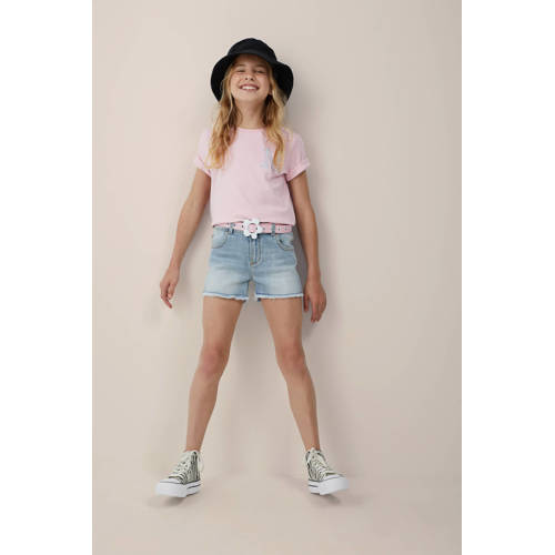 WE Fashion T-shirt met printopdruk en borduursels lichtroze Meisjes Katoen Ronde hals 110 116