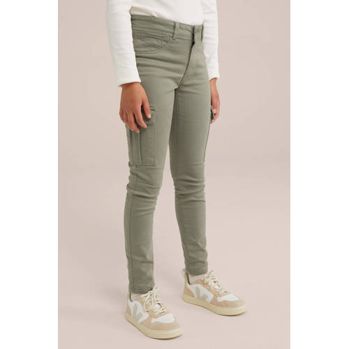 WE Fashion super skinny cargobroek zachtgroen Meisjes Stretchkatoen Effen 146
