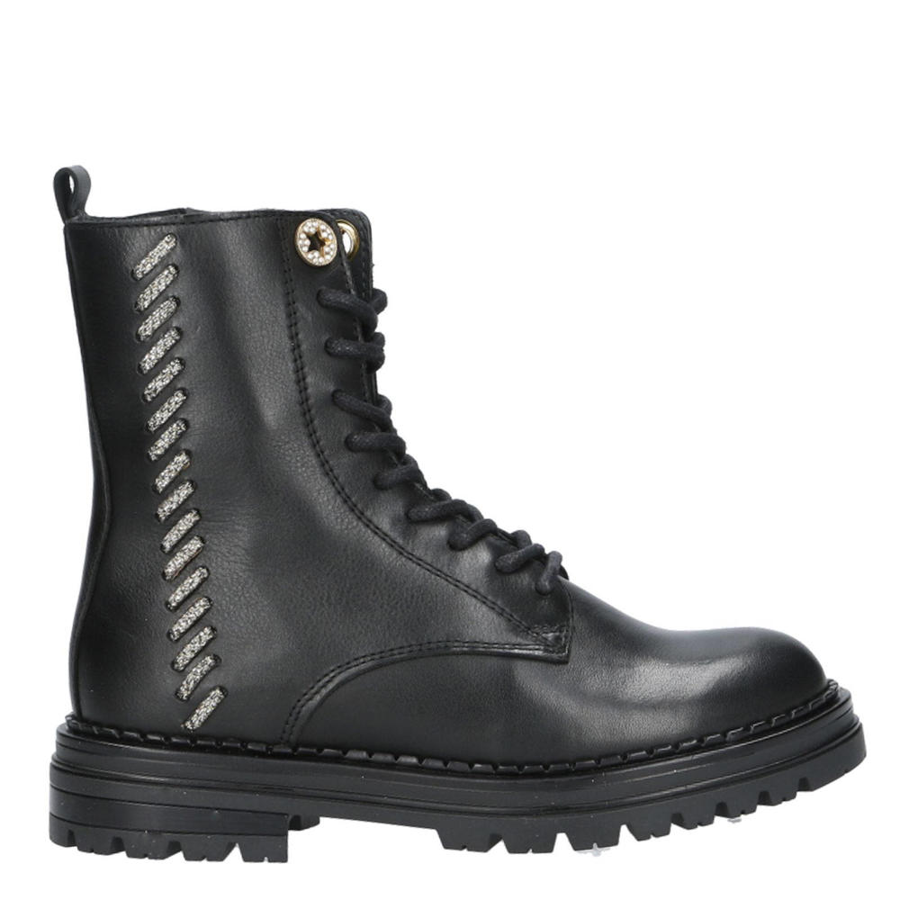 Zwarte meisjes Hip leren veterboots met chunky hak, rits- en vetersluiting en effen