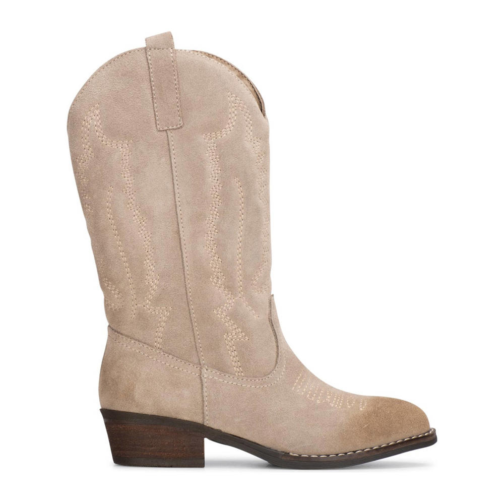 Beige meisjes PS Poelman suède cowboylaarzen met western hak, ritssluiting en effen