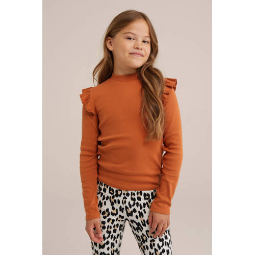 WE Fashion longsleeve donker oranje Meisjes Stretchkatoen Ronde hals Effen 170 176