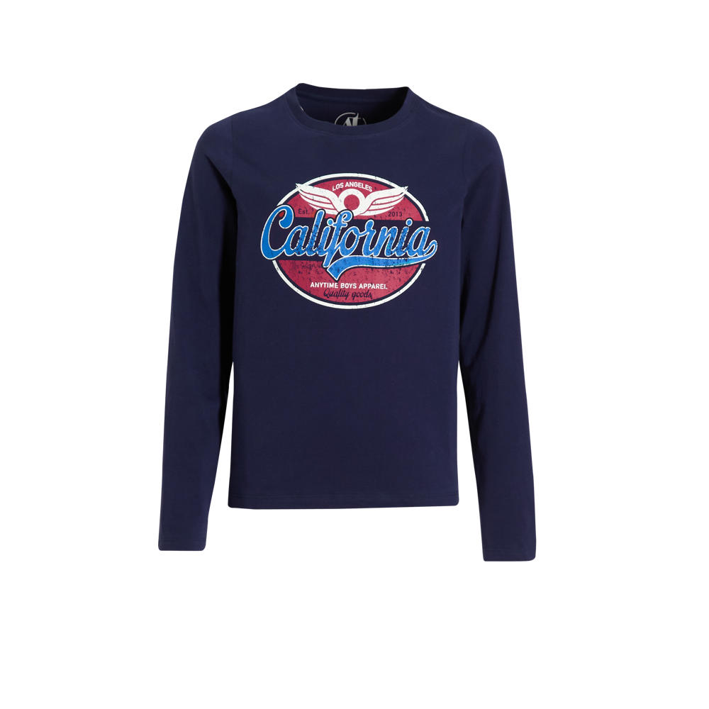 Donkerblauwe jongens anytime longsleeve van katoen met printopdruk, lange mouwen en ronde hals