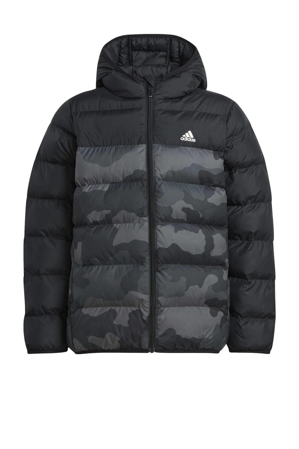 Zwarte jongens en meisjes adidas Sportswear jack van polyester met camouflageprint, lange mouwen, capuchon en ritssluiting