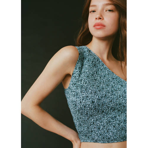 MANGO TEENS one shoulder crop top met all over print lichtblauw All over print 158(XS)