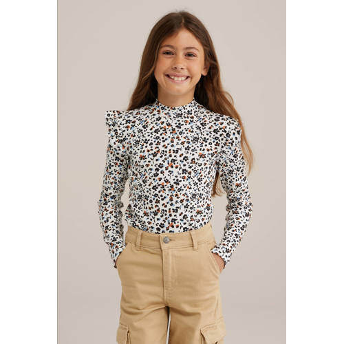 WE Fashion gebloemde longsleeve offwhite blauw Ecru Meisjes Stretchkatoen Ronde hals 110 116