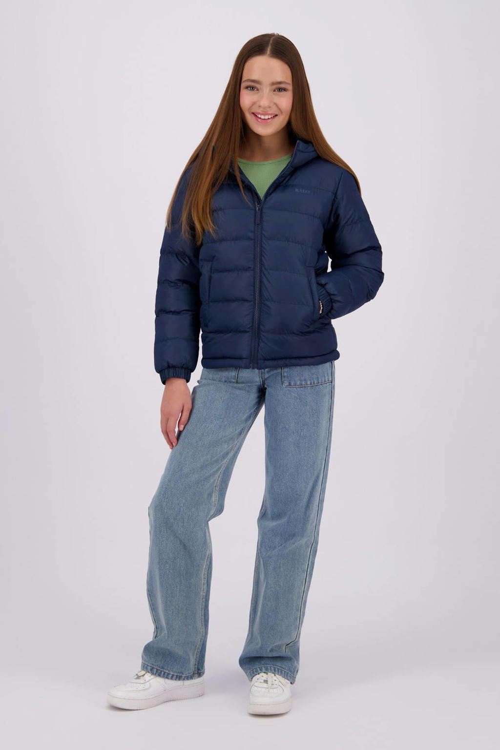 Blauwe meisjes Raizzed gewatteerde winterjas Tandy van polyester met effen, lange mouwen, capuchon en ritssluiting