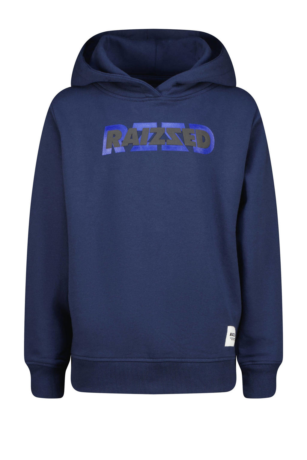 Donkerblauwe jongens Raizzed hoodie Neor van sweat materiaal met logo dessin, lange mouwen, capuchon en geribde boorden