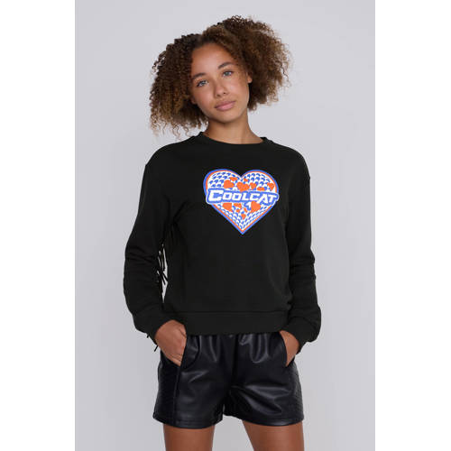 Coolcat Sweater Tori met Franjes en Hart Print Trui Zwart Meisjes Katoen Ronde hals