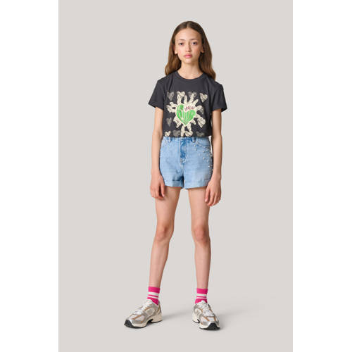 Shoeby T-shirt met printopdruk donkergrijs Meisjes Katoen Ronde hals Printopdruk 134 140