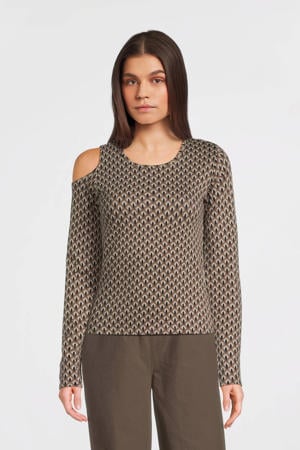 longsleeve met all over print beige/zwart