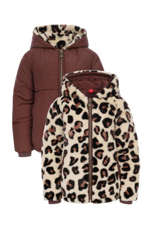 reversibe winterjas met panterprint bruin/beige