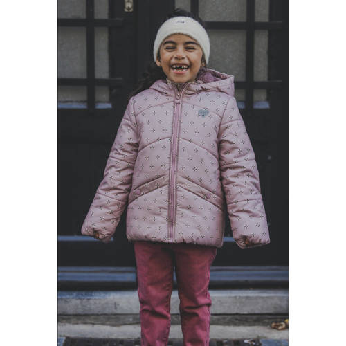 LOOXS little gewatteerde winterjas met all over print roze Meisjes Polyether Capuchon 134