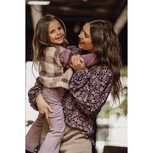 LOOXS little geruit gilet ecru paars Meisjes Teddy V-hals Ruit 128 134