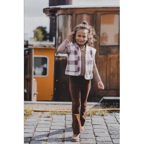 LOOXS little geruit gilet ecru paars Meisjes Teddy V-hals Ruit 128 134