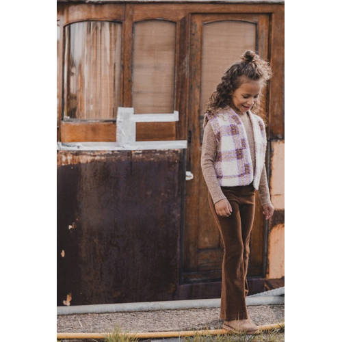 LOOXS little geruit gilet ecru paars Meisjes Teddy V-hals Ruit 128 134