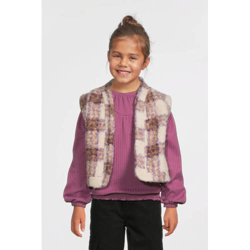 LOOXS little geruit gilet ecru/paars Meisjes Teddy V-hals Ruit - maat 104/110 afbeelding