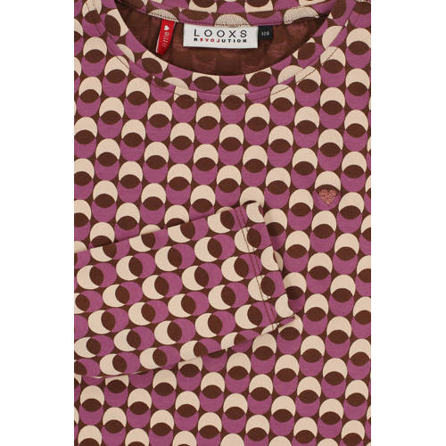 LOOXS little longsleeve met all over print paars bruin ecru Multi Meisjes Stretchkatoen Ronde hals 116