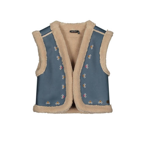 Like Flo gilet Dewi met borduursels blauw/ecru Meisjes Suèdelook V-hals