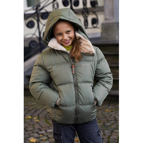 Like Flo quilted gewatteerde winterjas Amaya armygroen beige Meisjes Polyester Capuchon 110