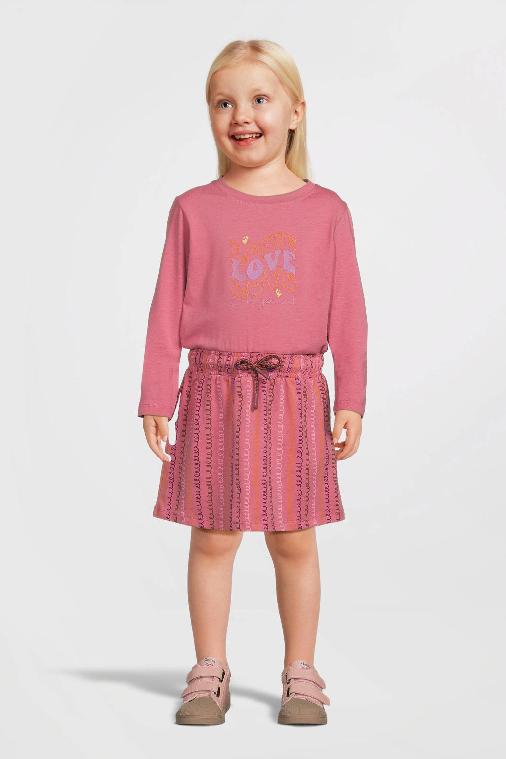 Roze meisjes 4PRESIDENT Rebecca jurk van stretchkatoen met tekst print, lange mouwen, ronde hals en drukknoopsluiting