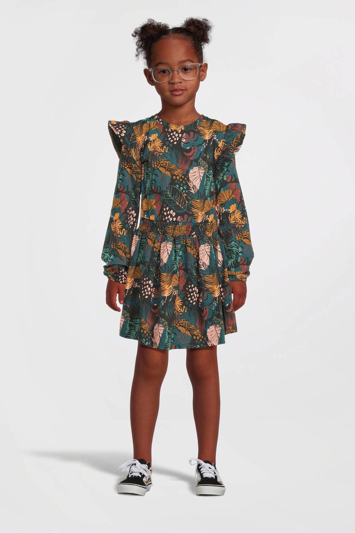 4PRESIDENT Iris jurk met bladprint groen/geel/zwart