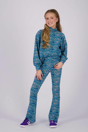high waist flared broek Stexie met all over print blauw/grijs