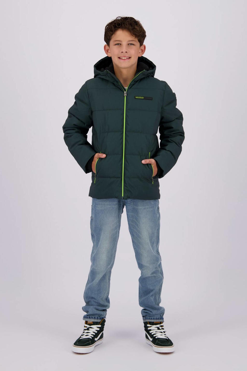Groene jongens Vingino gewatteerde winterjas Terrel van polyester met effen, lange mouwen, capuchon en ritssluiting