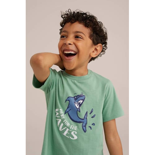 WE Fashion T-shirt met printopdruk lichtgroen Jongens Katoen Ronde hals 98 104