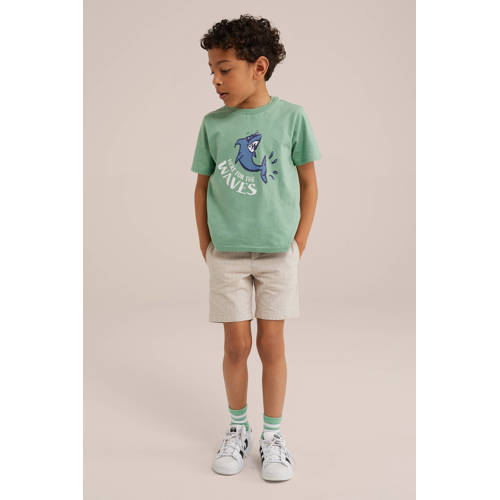 WE Fashion T-shirt met printopdruk lichtgroen Jongens Katoen Ronde hals 98 104