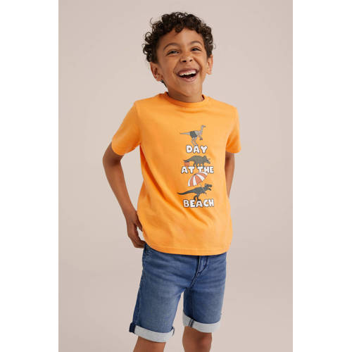 WE Fashion T-shirt met printopdruk abrikoos Geel Jongens Katoen Ronde hals 92
