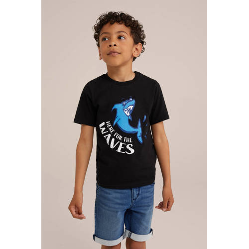 WE Fashion zwart T-shirt Jongens Katoen Ronde hals Printopdruk 110 116