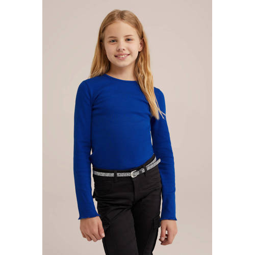 WE Fashion longsleeve hardblauw Meisjes Stretchkatoen Ronde hals Effen 122 128