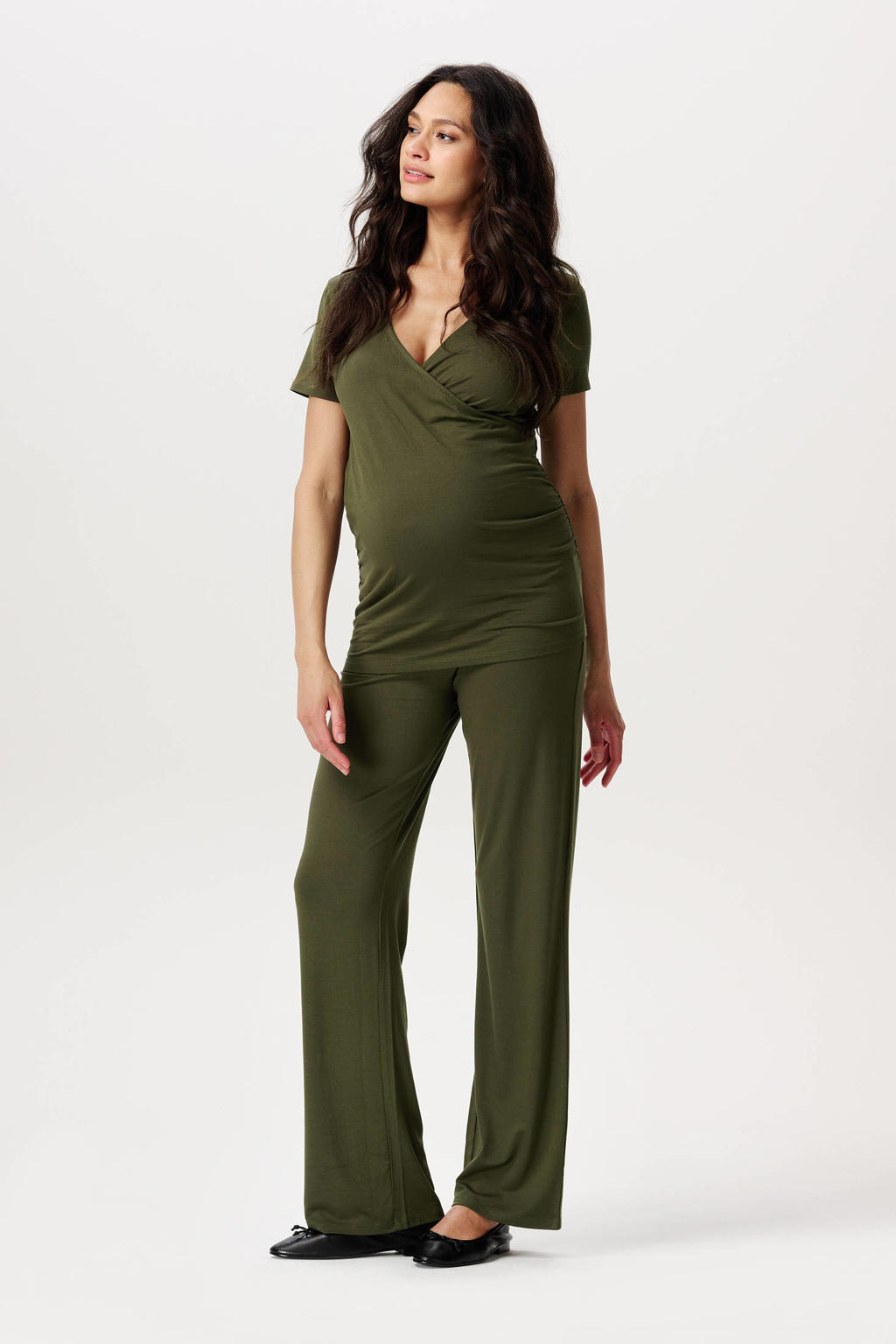 Groene dames Noppies maternity wide leg zwangerschapsbroek Visby van viscose met effen