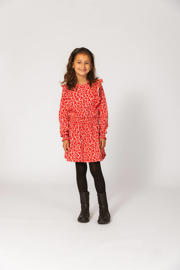 thumbnail: Rood en witte meisjes Quapi jurk met ruches van stretchkatoen met lange mouwen, ronde hals en elastische tailleband