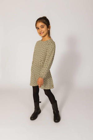 jurk WIES met all over print en ceintuur mosgroen/ecru