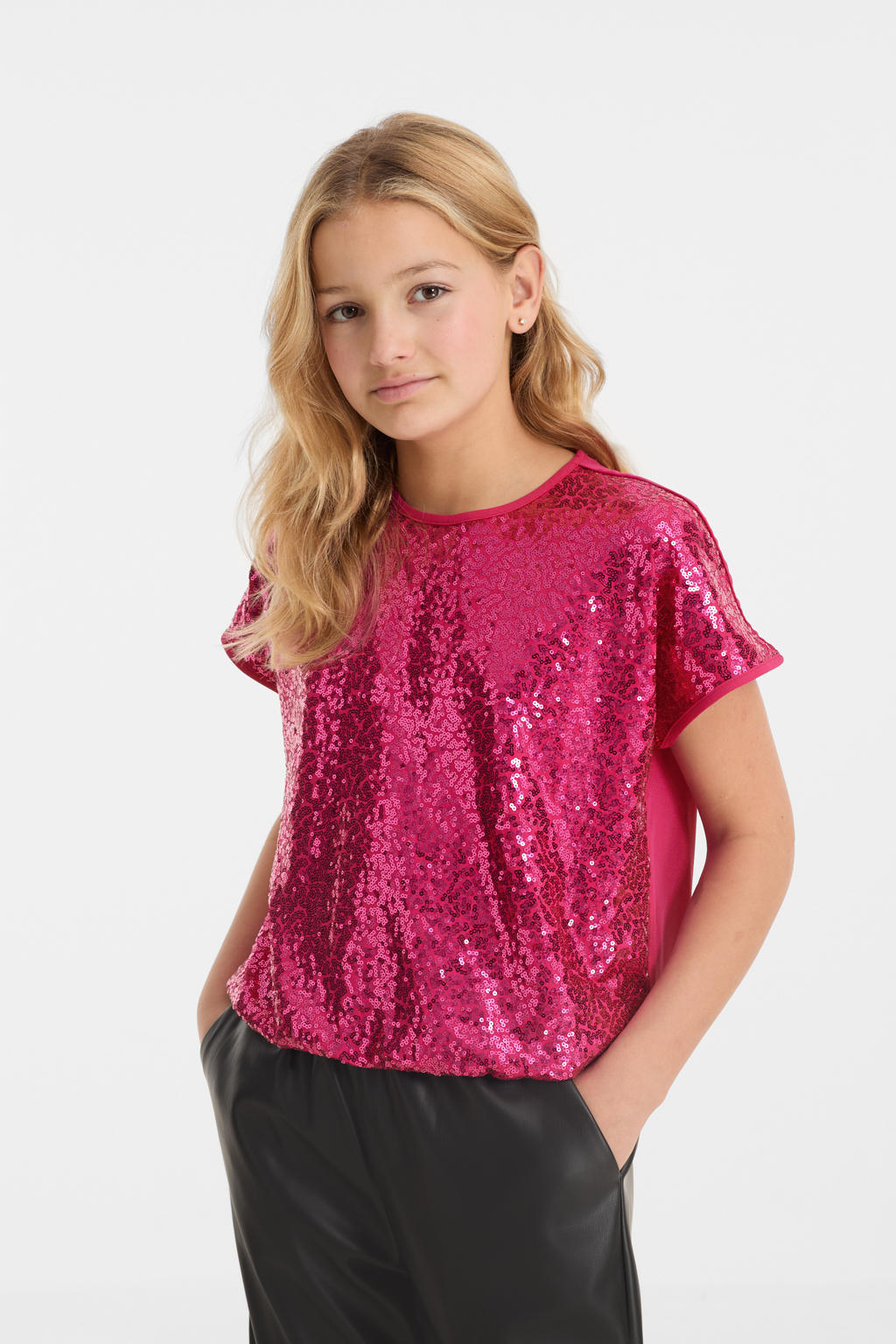 Magentakleurige meisjes anytime top van polyester met effen, korte mouwen en ronde hals