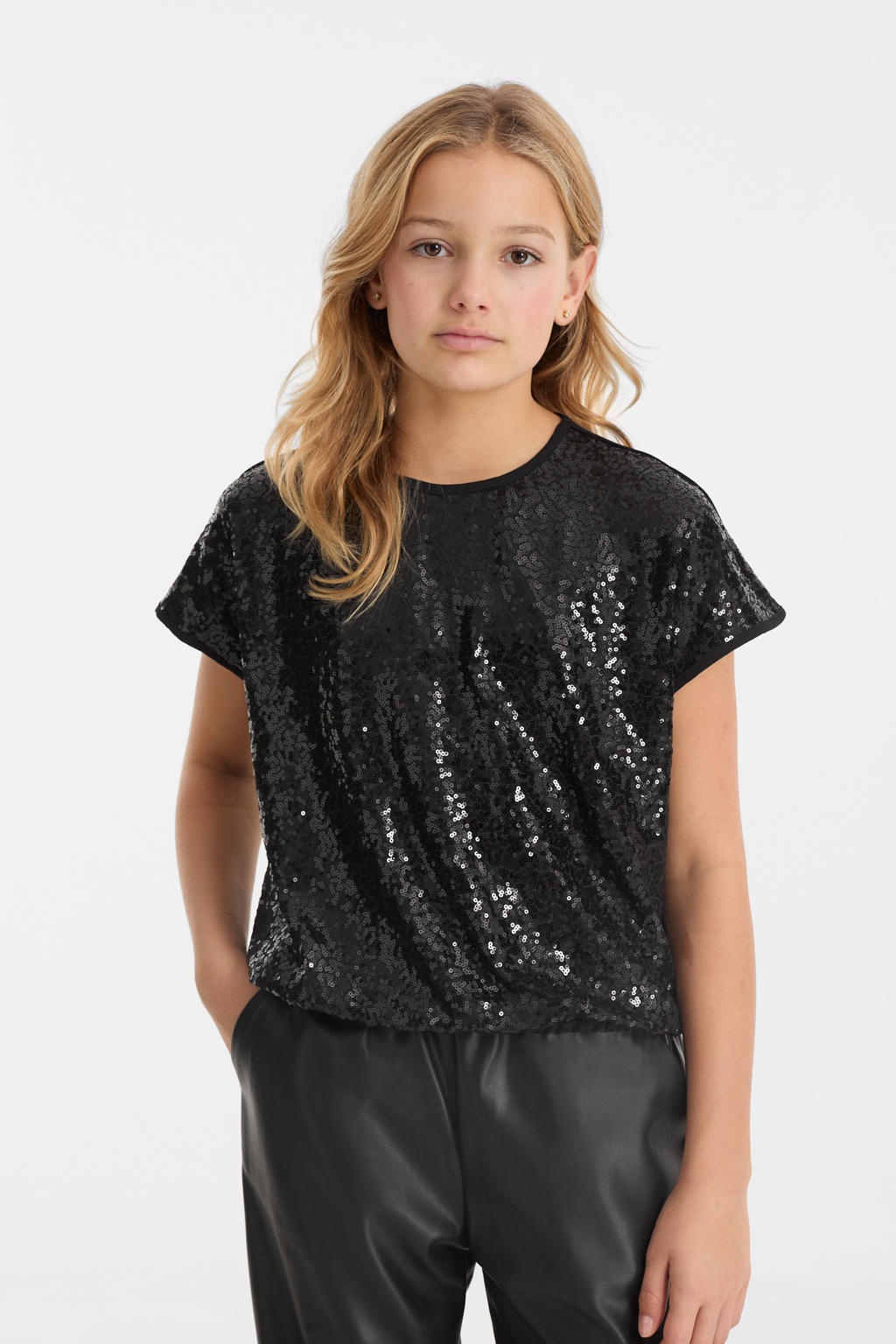 Zwarte meisjes anytime top van polyester met effen, korte mouwen en ronde hals