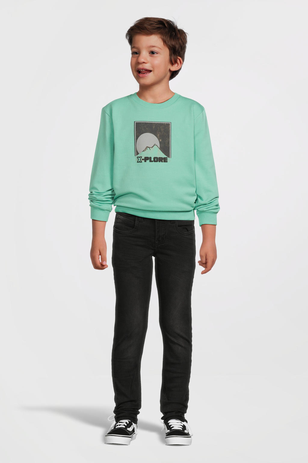 Groene jongens Quapi sweater met printopdruk, lange mouwen, ronde hals en geribde boorden