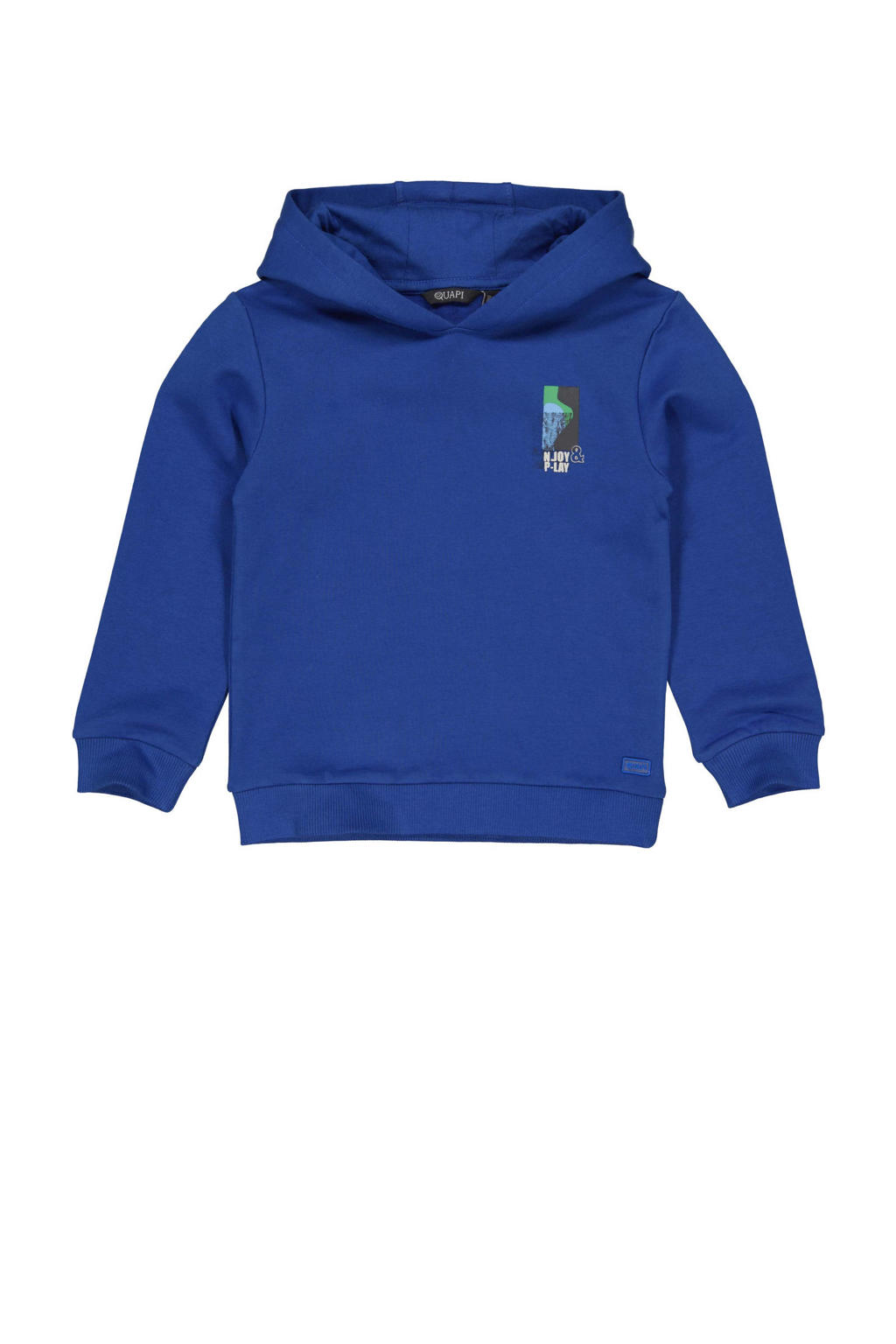 Blauwe jongens Quapi hoodie van sweat materiaal met effen, lange mouwen, capuchon en elastische boord
