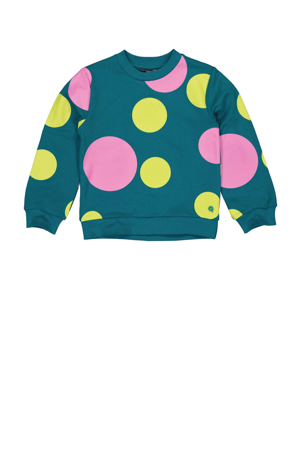 Petrol, geel en roze meisjes Quapi sweater met stippenprint, lange mouwen, ronde hals en geribde boorden