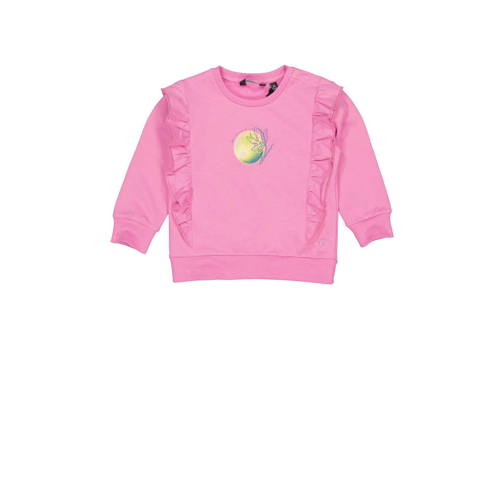 Roze meisjes Quapi Mini sweater en ruches met printopdruk, lange mouwen, ronde hals en drukknoopsluiting