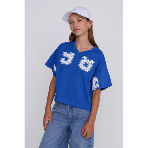 Coolcat T-shirt Tiana Number 1984 Blauw Meisjes Katoen V-hals Printopdruk