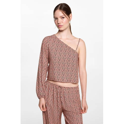 MANGO TEENS one shoulder top met all over print lichtoranje zwart All over print 186(XL)