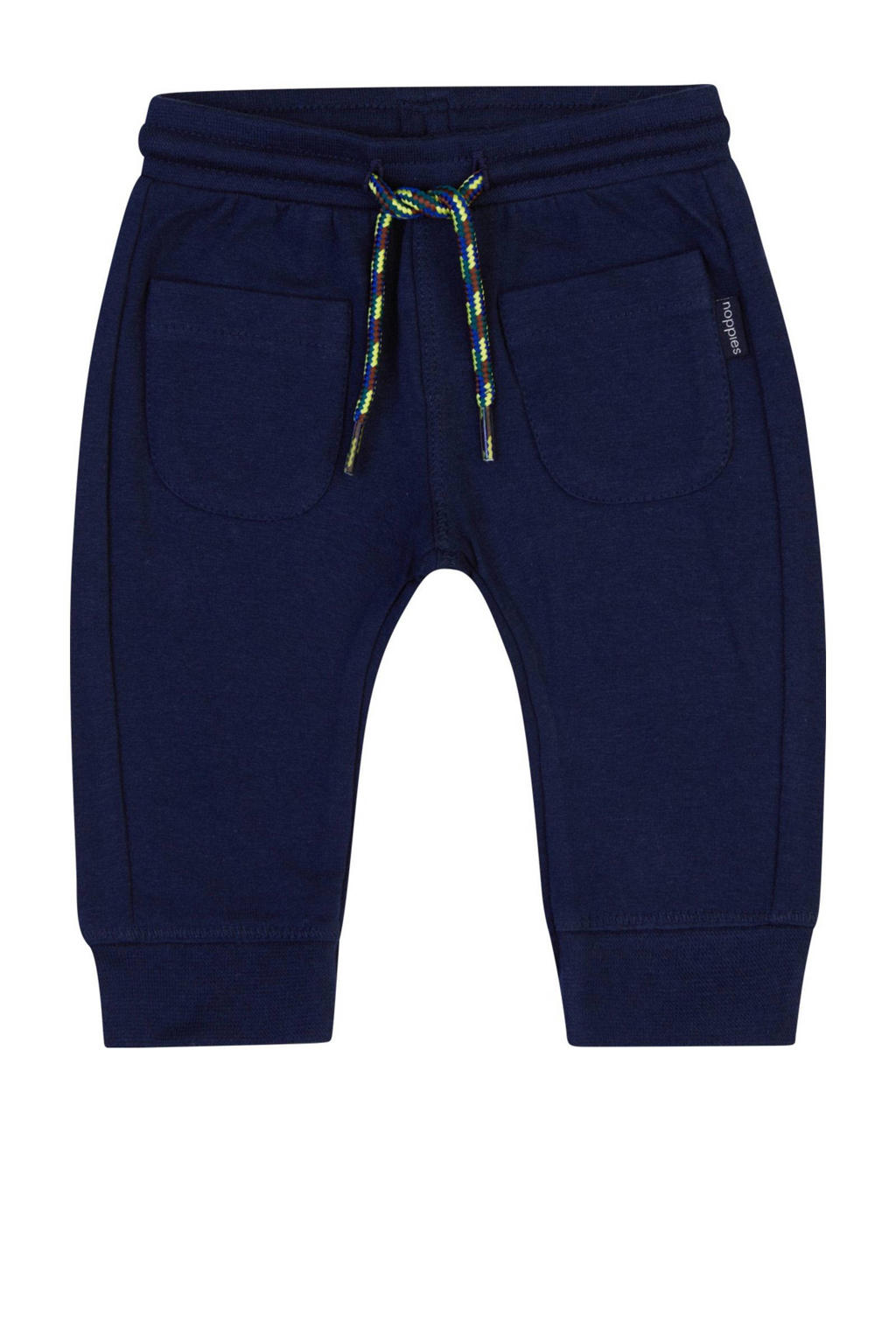 Blauwe jongens Noppies baby regular babybroek van katoen met elastische tailleband met koord en effen