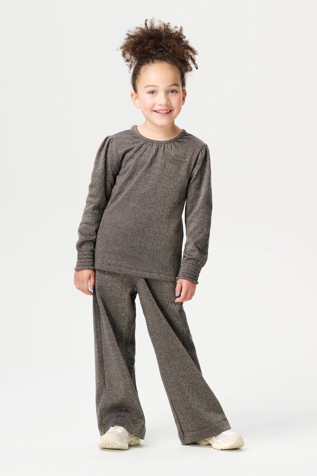 Grijze meisjes Noppies kids longsleeve Jinshi van katoen met effen, lange mouwen, ronde hals en glitters