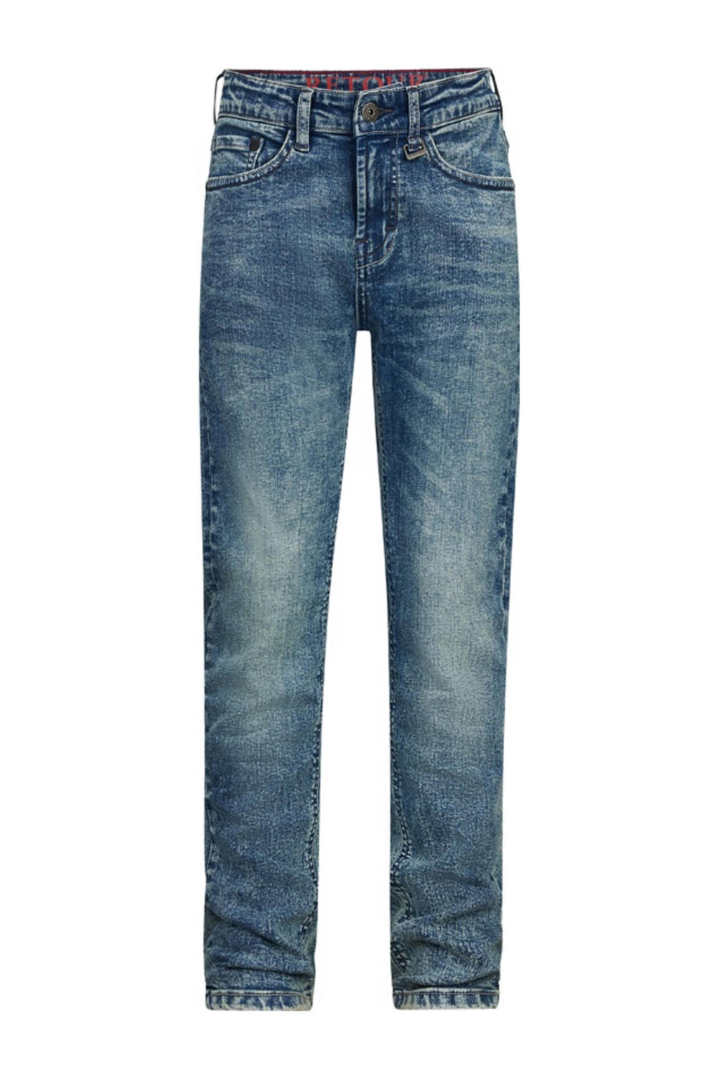 Medium blue denim Retour Jeans tapered fit jeans Wulf tinted blue van stretchdenim met rits- en knoopsluiting en effen