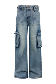 thumbnail: Medium blue denim meisjes Retour Jeans high waist wide leg jeans Reese Wide vintage blue van denim met rits- en drukknoopsluiting en effen