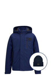 thumbnail: Donkerblauwe jongens Retour Jeans gewatteerde winterjas Victor van polyester met effen, lange mouwen, capuchon en rits- en drukknoopsluiting