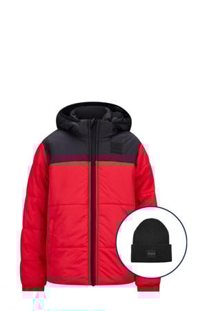 gewatteerde winterjas Pim rood/zwart