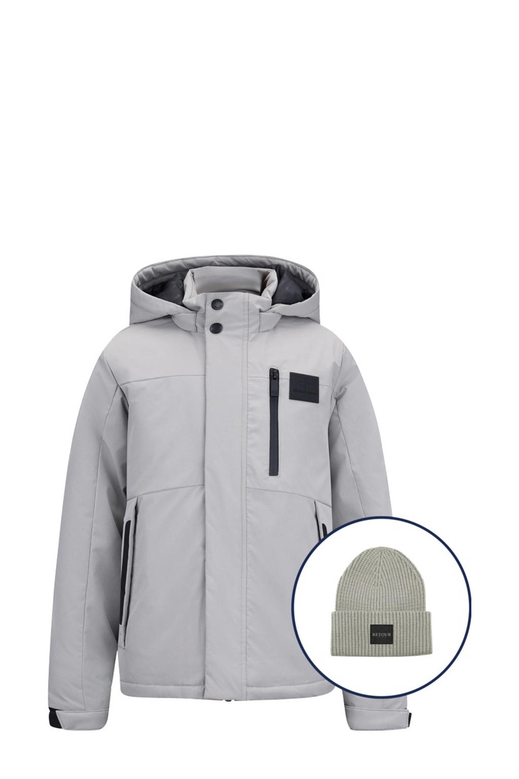 Beige jongens Retour Jeans gewatteerde winterjas Victor van polyester met effen, lange mouwen, capuchon en rits- en drukknoopsluiting